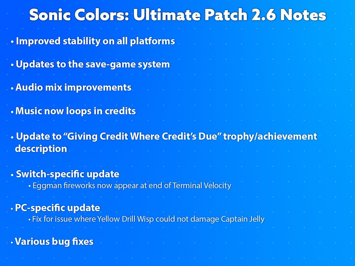 sonic_hedgehog's tweet photo. A new patch for Sonic Colors: Ultimate is now live across all platforms! https://t.co/feXARkiv9U