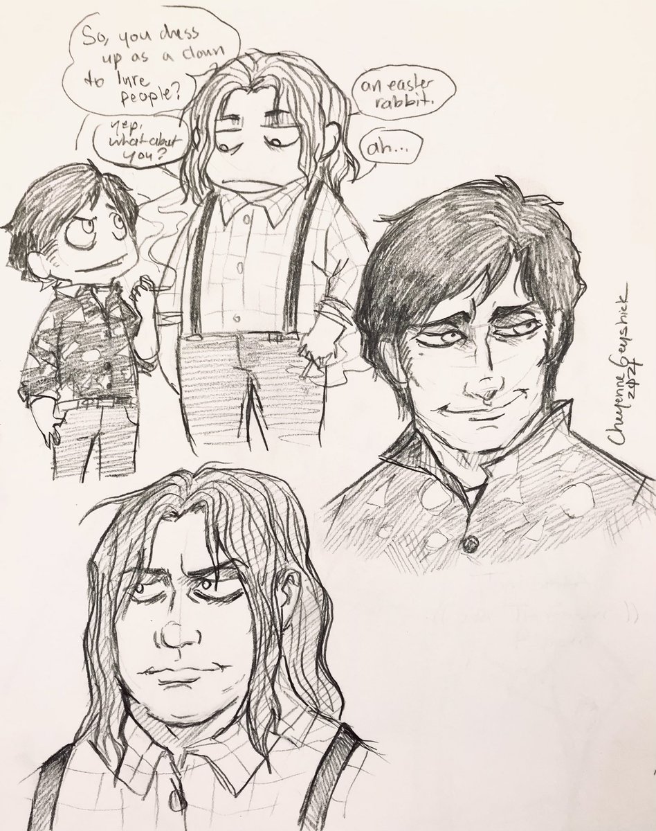 cageyshick's tweet photo. two awful men meet
#deadbydaylight #murderhouse #puppetcombo #theclown #easterripper #JeffreyHawk #TomSmith #crossover #sketches #doodles #fanart https://t.co/qeJDSOeBBi