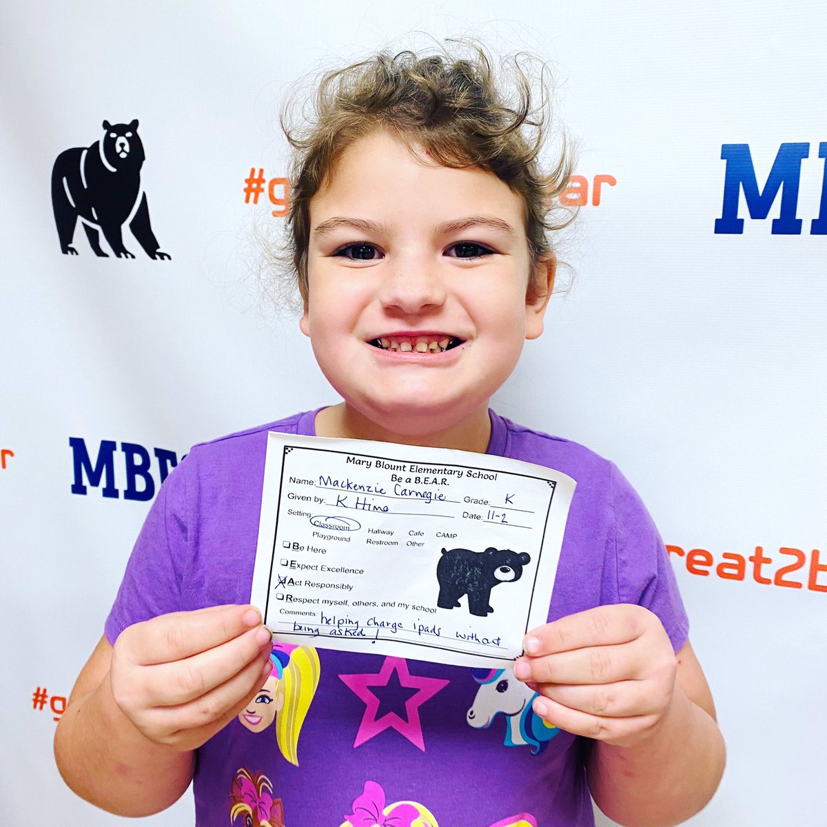 MaryBlountK5's tweet photo. Congratulations to kindergartner, MacKenzie Carnegie.  MacKenzie received a bearpaw 🐾 for helping to charge iPads without being asked. 🤩  Thank you MacKenzie for acting responsibly!  🐻 #bearpawed #waytogobears #waytogobears🐻 #great2beabear https://t.co/ivReUsyjjF