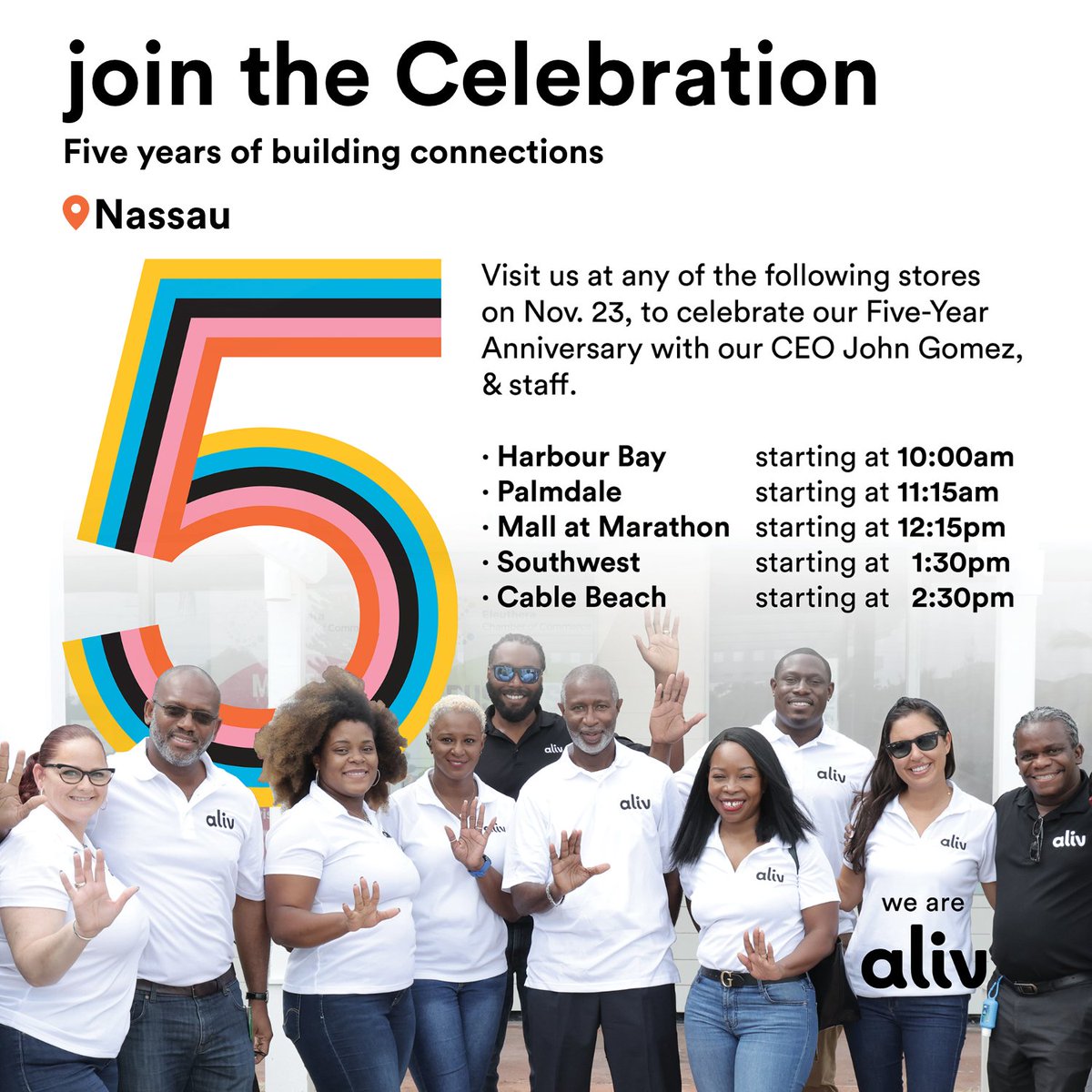 wearealiv's tweet photo. Thank you, Nassau for Five Years of building connections. Join us in celebration tomorrow, Tuesday, Nov 23. Enjoy Treats, Food, Prizes &amp; Surprises! Visit any of the locations &amp; times listed.
.
.
.
.
#ALIV #Freedom5 #FiveYears #MakingConnections #WeAreALIV #BelieveInBest https://t.co/3rX41yqD4s