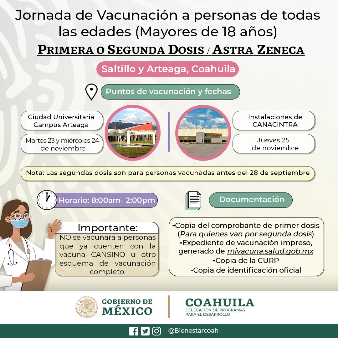 📌Tercera Jornada de vacunación a rezagados de cualquier edad mayor a los 18 años en #Saltillo y #Arteaga 👇