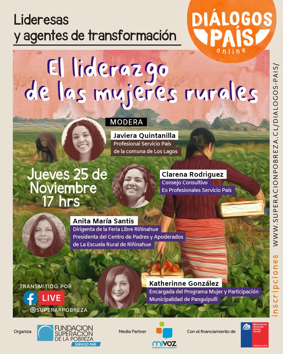 ServicioPais's tweet photo. ✨ Este jueves en #DiálogosPais
Te invitamos a conocer a las mujeres que están transformando los sectores rurales de la región de Los Lagos y su rol como agentes y lideresas.

📌 Jueves 25 de noviembre - 17 hrs.
🔗 Inscríbete en https://t.co/68PYDBEHkd https://t.co/COvfEvQAr7