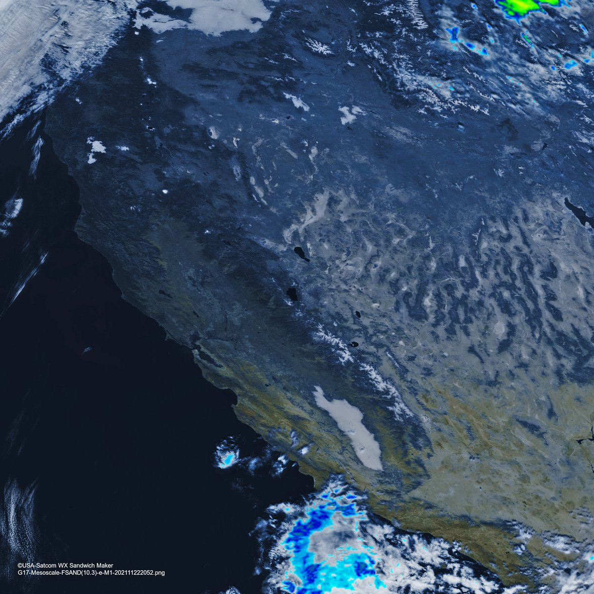 usa_satcom's tweet image. View from GOES-17 this morning. Some nice fog blanketing the southern valley area of California. Otherwise a nice day! #XRIT #WXSandwichMaker #XVIEW