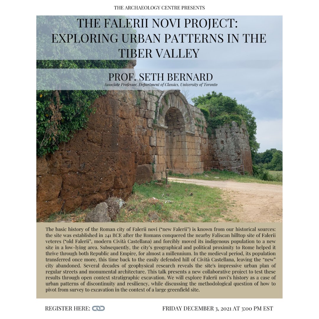 ArchCentreUofT's tweet photo. The Archaeology Centre presents a lecture by Prof. Seth Bernard (Department of Classics, University of Toronto) on “The Falerii Novi Project: Exploring urban patterns in the Tiber Valley." Register here: https://t.co/RXuy1447JR https://t.co/tPGctWDzIL