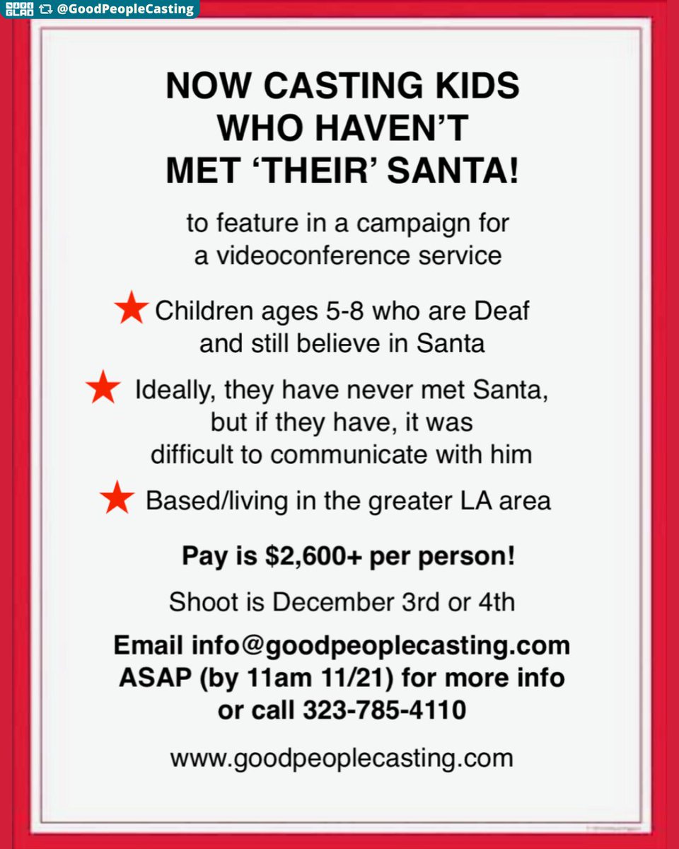 GLADeaf's tweet photo. CASTING CALL!
Deaf kids age 5-8 who haven't met "their" Santa, for a video conference service campaign.
Instructions: https://t.co/DiV0y4v7cA
More info: info@goodpeoplecasting.com
---
#GLADCommunityPosting is for informational purposes and does not constitute GLAD's endorsement. https://t.co/LCuvYCJaFH