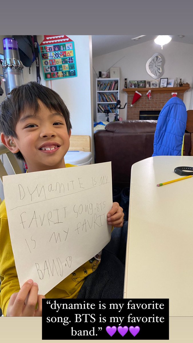 Melissa23012126's tweet photo. For today’s journal writing, Josiah wrote “#Dynamite is my favorite song. BTS is my favorite band.” 🥺🥳💜 @BTS_twt we love you guys and we are so proud of your wins last night! It was amazing to tell Josiah the first Asian band had won #AOTYBTS 💜💜💜 #btsarmy #btsama https://t.co/5robZJdsPH