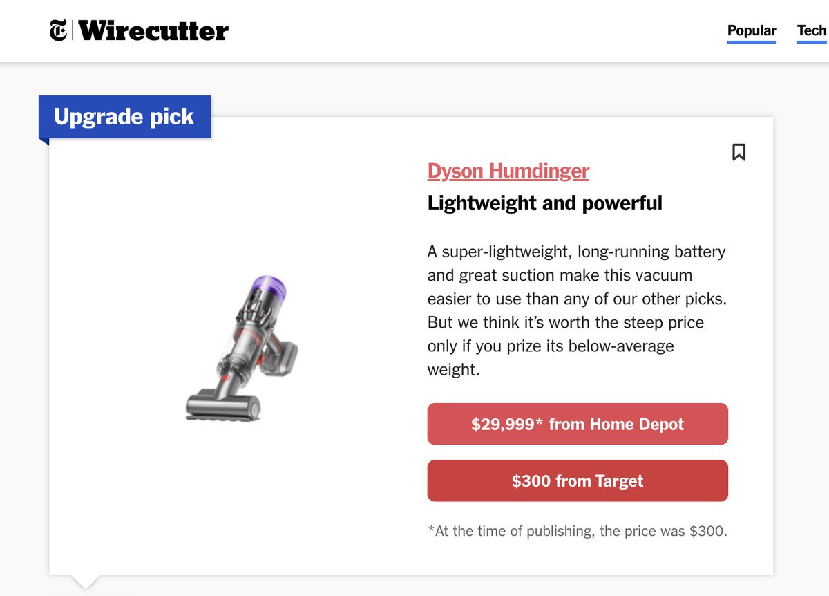 MsDarleneK's tweet photo. I mean if the vacuum is $29,699 cheaper at Target, I'll just buy it from there @wirecutter 😂 #typos https://t.co/8far9WninI