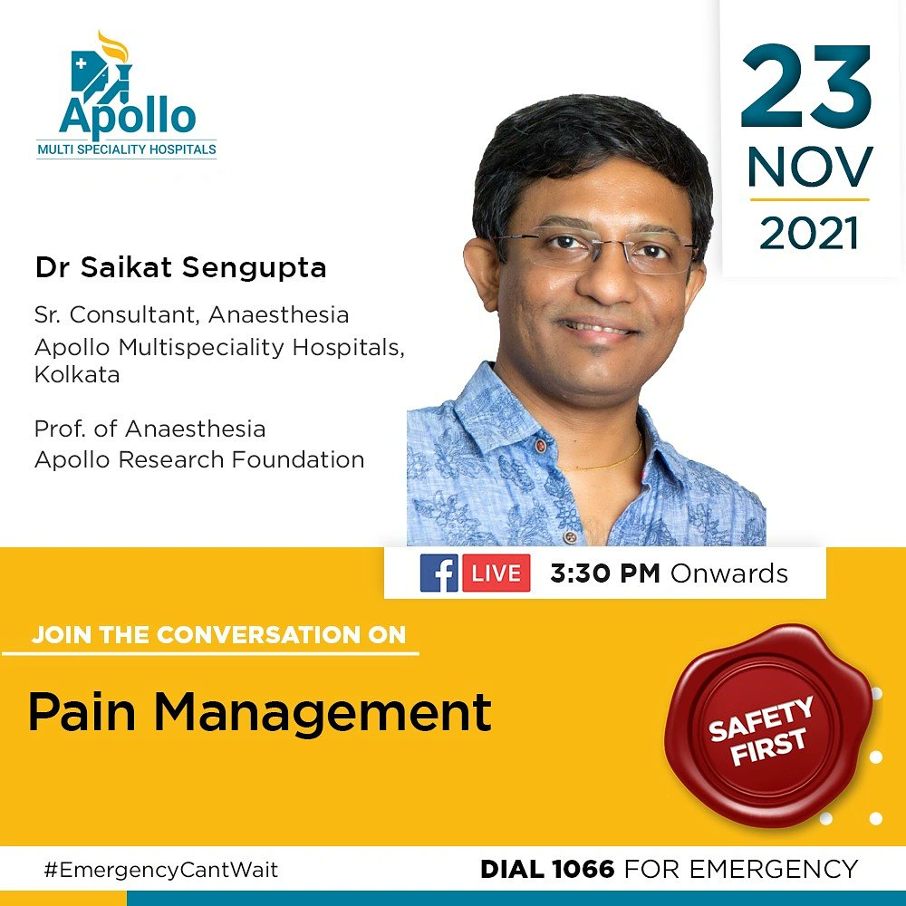 apollo_kolkata's tweet photo. Join the talk on "Pain Management" by Dr Saikat Sengupta, Senior Consultant Anaesthesia at Apollo Multispeciality Hospitals, Kolkata, LIVE on our FB page at 3:30 PM on 23rd November.
#FBLive #Medsolutions #Healthcare #kolkata https://t.co/MLmmtKlLYk