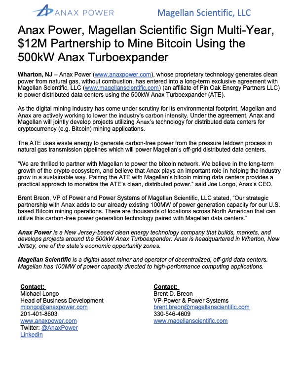 Anax Power and Magellan Scientific (a subsidiary of Pin Oak Energy Partners) have signed a $12M, multi-year partnership to mine bitcoin using the 500kW Anax Turboexpander!