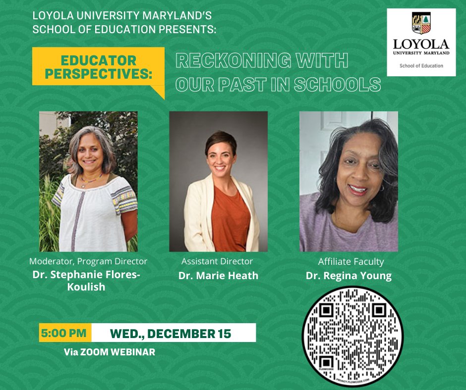 We're so excited to present our next webinar:
Educator Perspectives: Reckoning with our Past in Schools. Join <a href="/flokoul/">flokoul</a> on Dec. 15 as she leads a discussion on CRT and what is needed at the school and district level. Register Here >> loyola.zoom.us/webinar/regist…