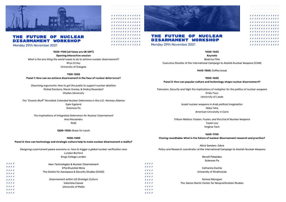 Rhys Crilley (@rhyscrilley) on Twitter photo Here's the final agenda for next week's workshop on the future of nuclear disarmament! 
📅 November 29th & 30th
💻 Hosted on zoom
🌐 All welcome!
👍 Registration details below
Day 1 👇 Here's the final agenda for next week's workshop on the future of nuclear disarmament! 
📅 November 29th & 30th
💻 Hosted on zoom
🌐 All welcome!
👍 Registration details below
Day 1 👇