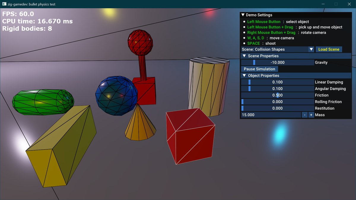 MichalZiulek's tweet photo. zig-gamedev project v0.2.0 is released! In this release I've implemented physics demo using Bullet library. Along the way I wrote cbullet - a universal C API for Bullet. RTs much appreciated!
#ziglang #DirectX12
https://t.co/ZLgJ97X5EN
https://t.co/XFbBaV37b2 https://t.co/9oUDFpEnE1