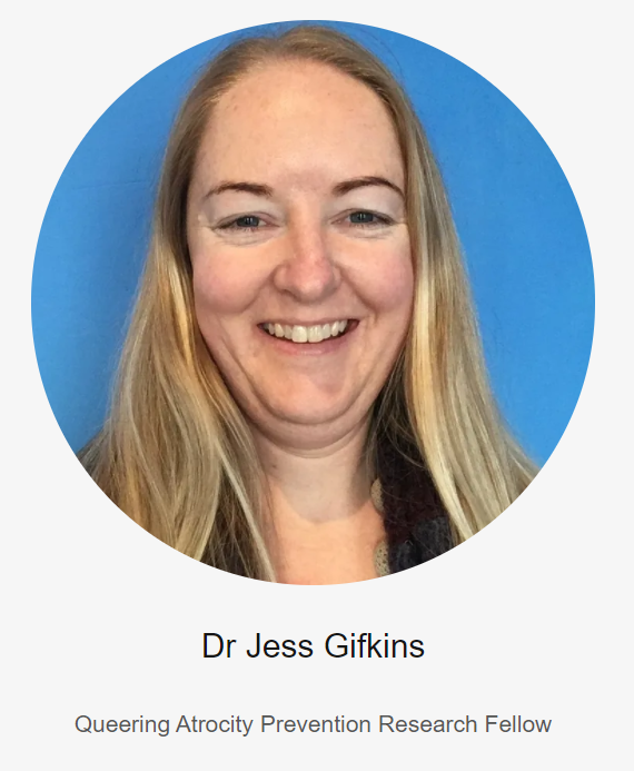 IBVprev's tweet photo. We are delighted to welcome @JessGifkins as our Queering Atrocity Prevention Research Fellow!

Jess will working with us &amp; bringing her expertise to our work on queering atrocity prevention &amp; #QueeringR2P, including research on the specific forms of persecution of #LGBTQI+ people https://t.co/JqkFJsXUf7