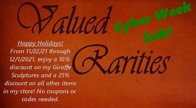 valuedrarities's tweet photo. Happy Holiday #Shopping Season. Start with a 10% Discount on my #Giraffe Sculptures and/or 25% off everything else in my #etsystore! It's all on #sale at #ValuedRarities! Come look!

..
#cyberweek #onsale #holiday #giftideas
.. https://t.co/KYIej8uREd 

..https://t.co/YCjvQrRpaa https://t.co/vglGCCTeDt
