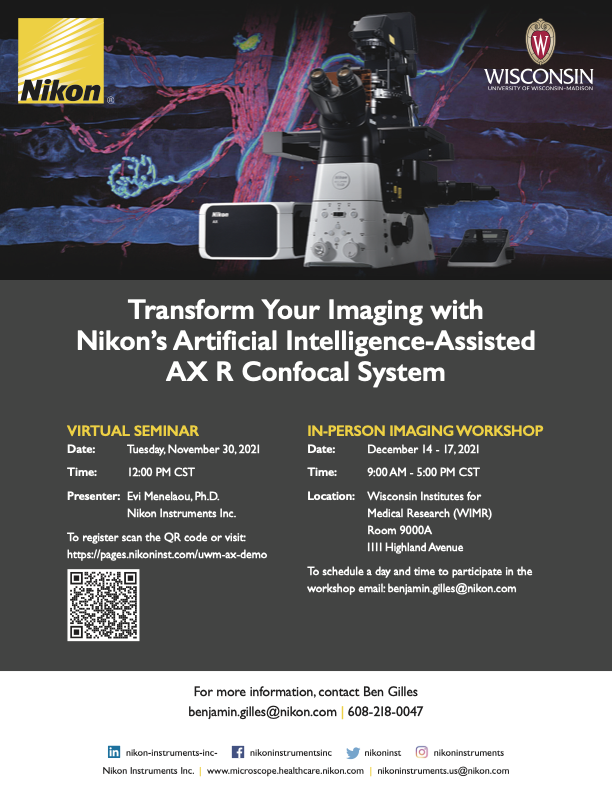 NikonInst's tweet photo. We’re excited for the upcoming virtual seminar and in-person imaging workshop featuring the new AX R #confocal #microscopy system at @UWMadison! Click to learn more and register: https://t.co/3LMuqDlseM https://t.co/Wxdg2XSgU1