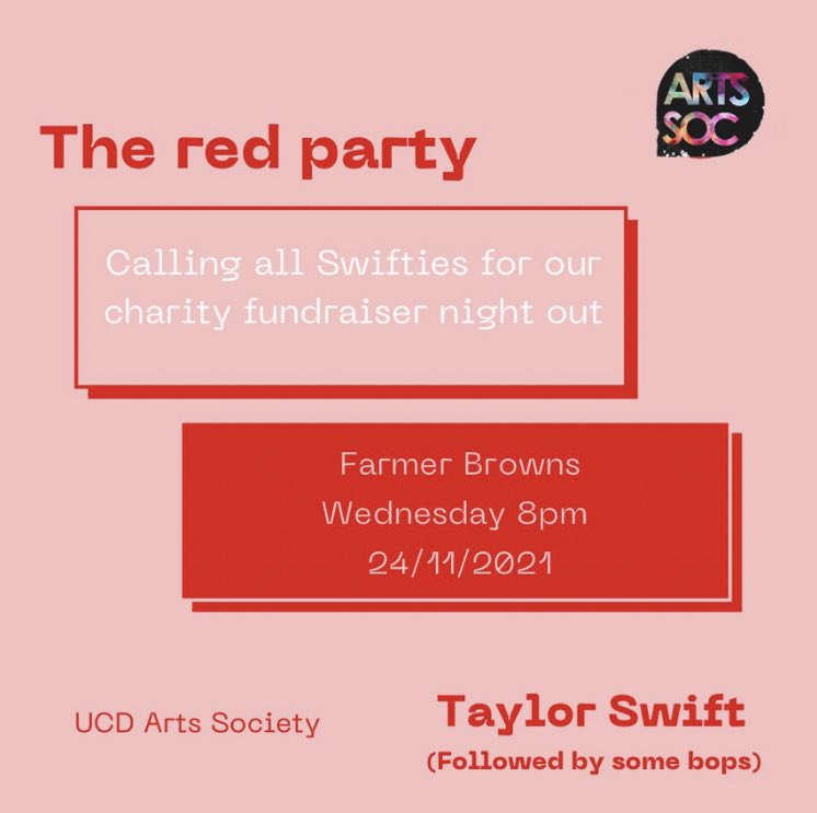 ucdartssoc's tweet photo. Come on by to Farmer Browns this Wednesday at 8pm for a Taylor Swift night! Loads of Taylor’s top hits will be going alongside other great artists. This is also a charity fundraising event with Phil Soc so there will be a raffle and collections going! #ucdsocieities #ucd #arts https://t.co/k2Ayu8ukID