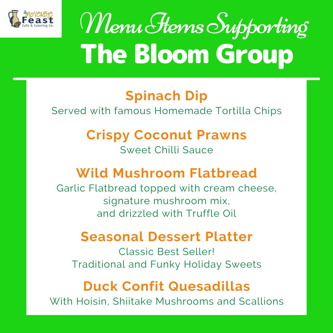 Hosting a holiday get together, event, or party? Choose <a href="/AMFCatering/">A Moveable Feast Catering</a> for delicious food and to help raise funds for The Bloom Group’s women shelters! 

#doordash #skipthedishes #vancouverrestaurants #vancouvercatering  #supportlocalbusinesses #nonprofitorganization