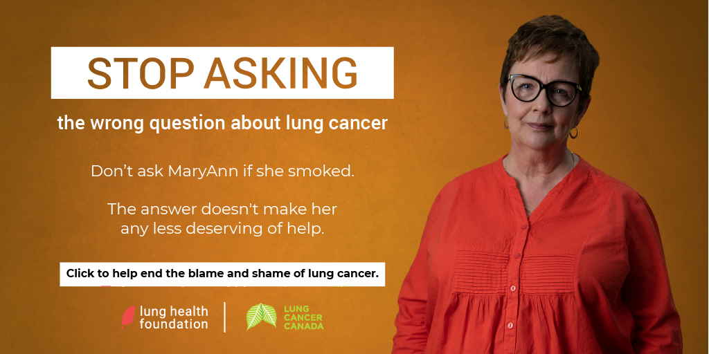 LungHealthFdn's tweet photo. Lung Health Advocate MaryAnn Bradley fights the stigma that links lung cancer with smoking by letting people know "if you have lungs, you can have lung cancer." Read more in the National Post https://t.co/AvO2xtX5MO
#TheWrongQuestion #LungCancerAwareness @LungCancer_Can https://t.co/I4sej3p4kN