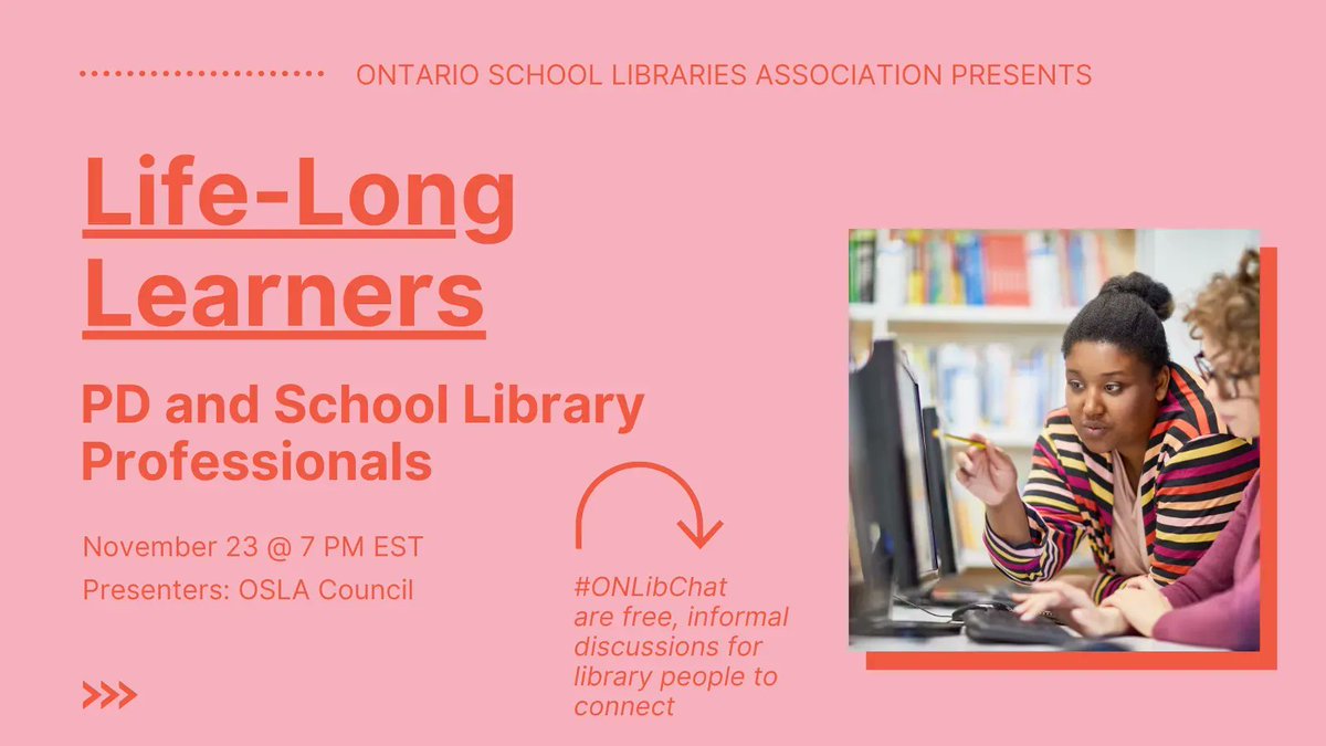 ONLibraryAssoc's tweet image. Professional development is crucial to creating &amp;amp; maintaining vibrant, relevant &amp;amp; responsive #ONSchoolLibraries learning commons. Tomorrow, join @oslacouncil for their #OnLibChat discussion about the opportunities &amp;amp; challenges surrounding PD. Learn more: sforce.co/3orrijV