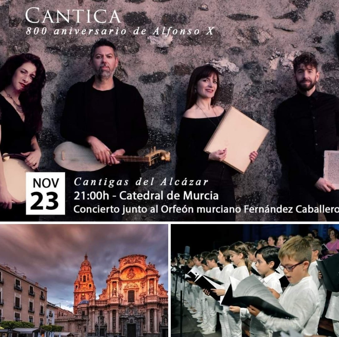 Mañana martes, 23 de noviembre, tenemos un concierto muy especial en la #CatedraldeMurcia, en el 800 aniversario de Alfonso X. Cantaremos algunas de sus cantigas junto al Orfeón murciano Fernández Caballero. Os esperamos! ♥
📍 Catedral de #Murcia, 21:00h
#AlfonsoX #musicaantigua
