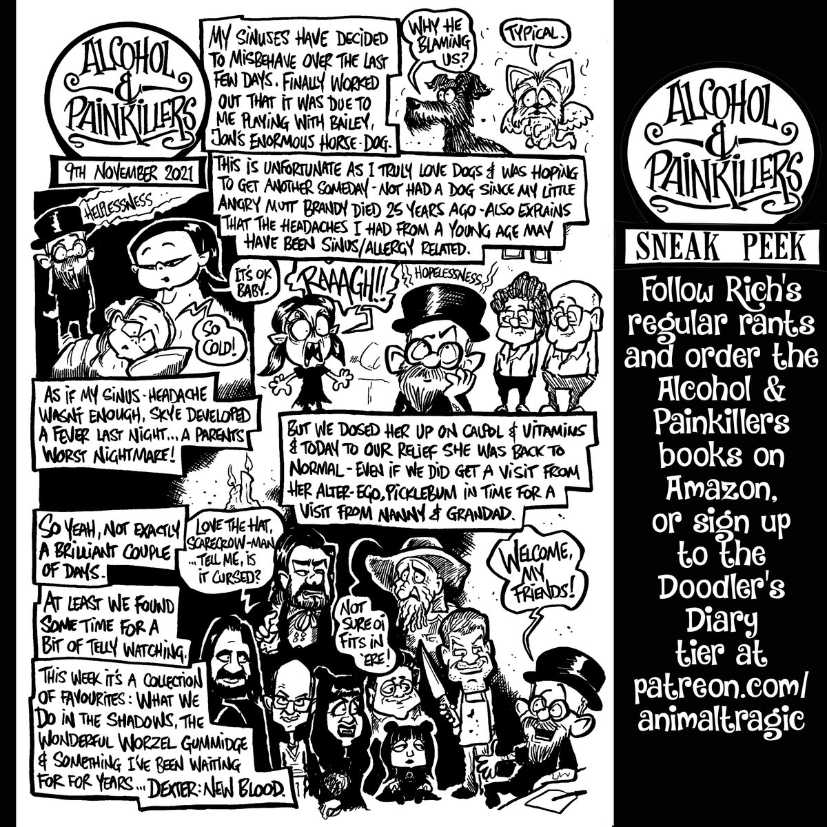 richnairn's tweet photo. Another Alcohol &amp; Painkillers sneak peak, featuring my love of @theshadowsfx @Worzeltv and @SHO_Dexter #AlcoholandPainkillers #WhatWeDoInTheShadows #WorzelGummidge #DexterNewBlood #patreon #books #art #cartoon #drawyourlife https://t.co/Xk5ILQvGg5