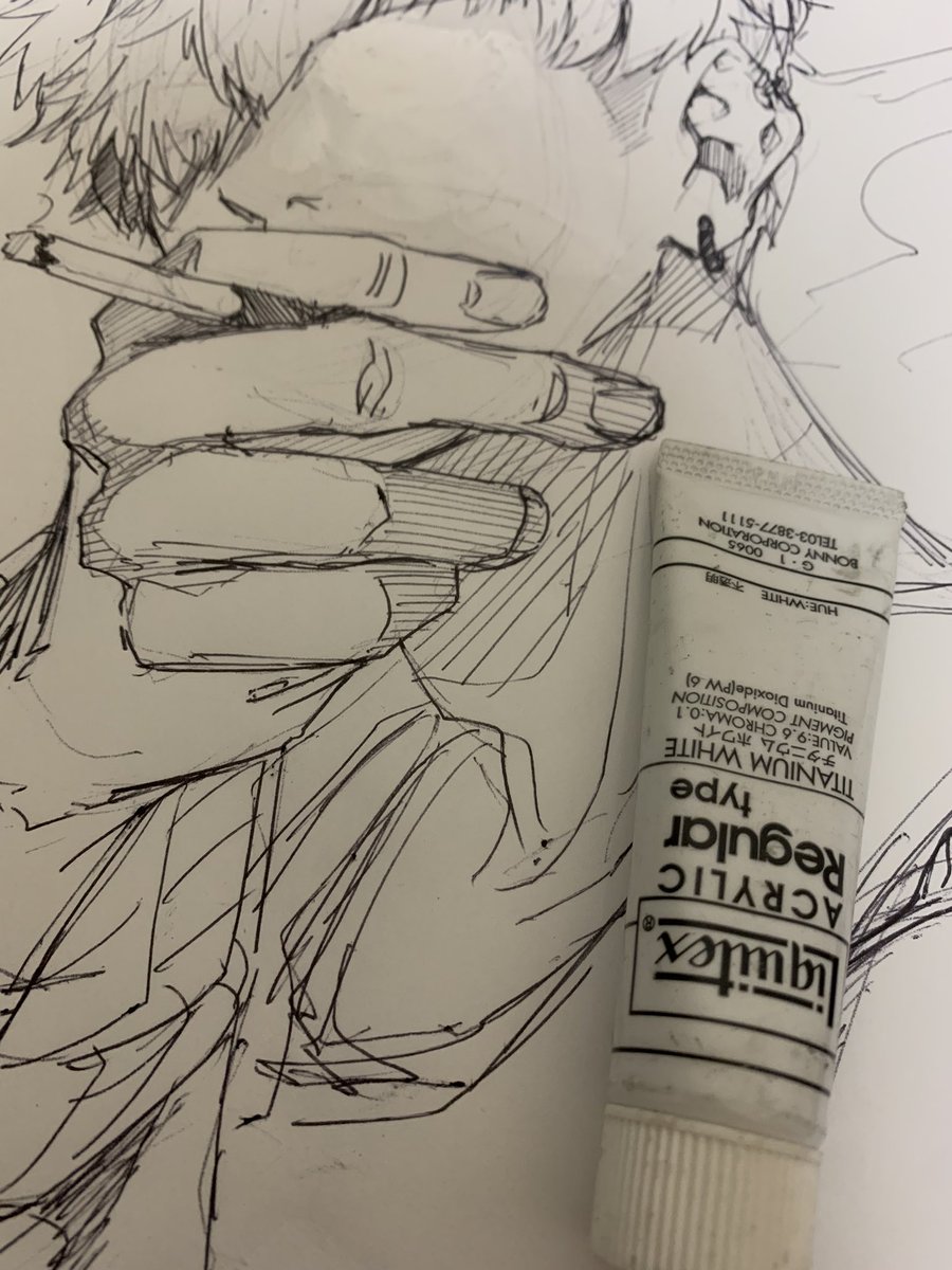 ボールペンで落書きしてたのミスったの、修正液ないからってリキテックスゴリ押しで塗ったら滲むし乾かないし死んだ… 