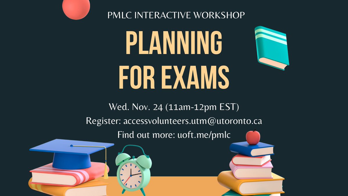 UTMaccess's tweet photo. Peer Mentor Learning Community (PMLC)
Interactive Workshop: Planning for Exams
Wednesday, November 24
11:00 AM – 12:00 PM (EST)
Register by emailing accessvolunteers.utm@utoronto.ca

All UTM students who self-identify as having a disability are welcome to attend. https://t.co/SlBRFMRTJa
