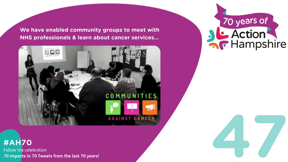 ActionHants's tweet photo. #AH70
We provide a link between the VCSE sector & the NHS. Through our Communities Against Cancer project we have enabled community groups to meet with NHS professionals, learn about cancer services & ask questions about signs, symptoms & screening.
https://t.co/wvuQW6H7Uu
#AH70 https://t.co/KMz2CNYSvq