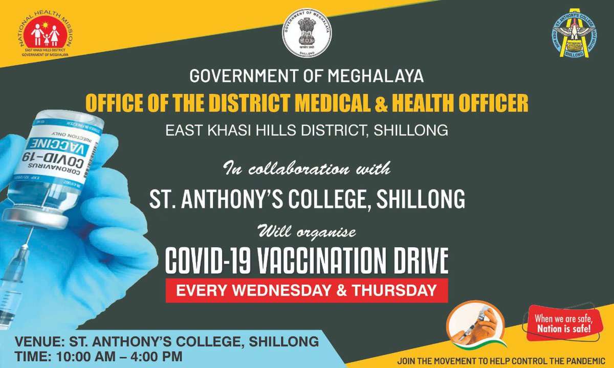 St. Anthony’s college in collaboration with the DMHO’s office will organise a Covid-19 Vaccination Drive in their college premises every Wednesday and Thursday. We encourage more and more institutions and organisations to join the fight against covid through vaccination drive