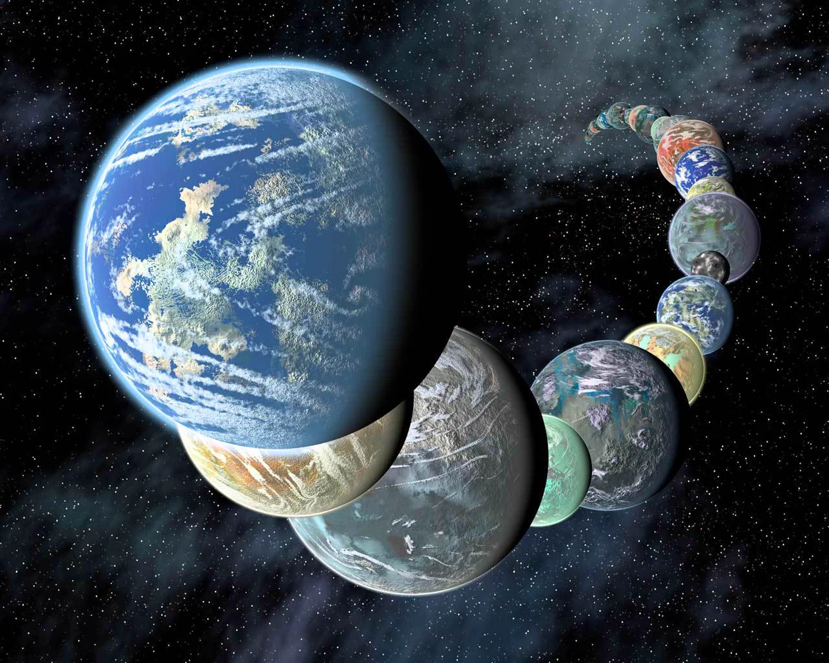 An illustration showing many different types of exoplanets discovered so far, from giant to much smaller.
