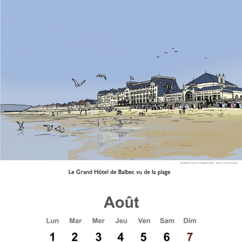 ProustArt's tweet photo. Le calendrier Marcel Proust du centenaire illustré par Stéphane Heuet, auteur de "À la recherche du temps perdu" en bande dessinée. 

Août 2022 : Le Grand Hôtel de Balbec vu de la plage.

Disponible sur https://t.co/mLnlSQAhil

#proust