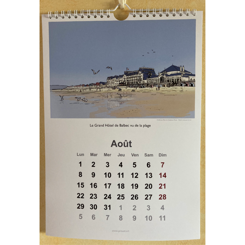 ProustArt's tweet photo. Le calendrier Marcel Proust du centenaire illustré par Stéphane Heuet, auteur de "À la recherche du temps perdu" en bande dessinée. 

Août 2022 : Le Grand Hôtel de Balbec vu de la plage.

Disponible sur https://t.co/mLnlSQAhil

#proust