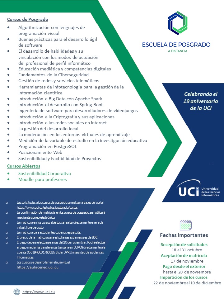 #Hoy comenzamos las actividades de la Escuela de Posgrado a Distancia "19 Aniversario" en la <a href="/universidad_uci/">Universidad de las Ciencias Informáticas</a>. Serán intensas jornadas de crecimiento académico y profesional para estudiantes y profesores. ¡Éxitos a todos! #UniversidadCubana #CubaVive #SomosUCI #Cuba <a href="/CubaMES/">MES</a>