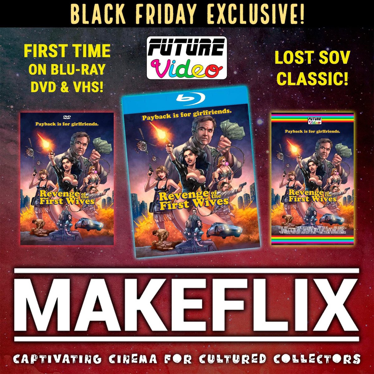 dawnofthediscs's tweet photo. ***NEW TITLE ANNOUNCEMENT***

A @makeflix BLACK FRIDAY EXCLUSIVE!

Newly digitized and restored from Betacam SP archival elements, Future Video unearths lost mid-90s shot-on-video over-the-top action thriller “Revenge of the First Wives” https://t.co/GEush79TaJ