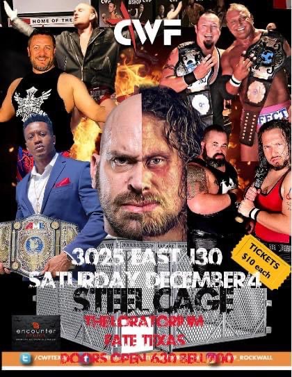 CWFTexas's tweet photo. Saturday, Dec 4. It All Comes Down to This!

All matches will be in a steel cage. Will Barrett and Johnny settle the score? Or will the saga cost Johnny Lawless his in-ring career? 

Find out when you come to the Lordatorium on Dec 4 at 7:00 pm. Doors open at 6:30. https://t.co/ALJbVibaNY