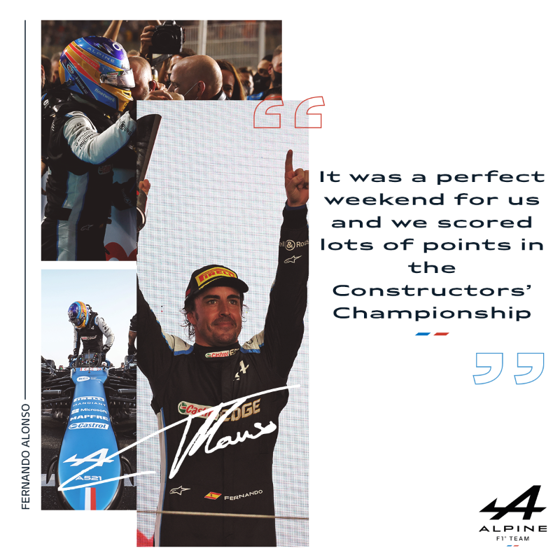 AlpineF1Team's tweet photo. #QatarGP, Race Debrief ⬇️
“It felt fantastic today and to be back on the podium was so good. We deserved this result as a team and I’ve had to wait seven years since my last one.”
- @alo_oficial