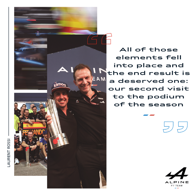 AlpineF1Team's tweet photo. #QatarGP, Race Debrief ⬇️
“What a fantastic team result. Firstly, a huge congratulations to Fernando on his podium. It marks his first since returning to the team and, I must say, after the season he has had, he truly deserves it.”
- Laurent Rossi