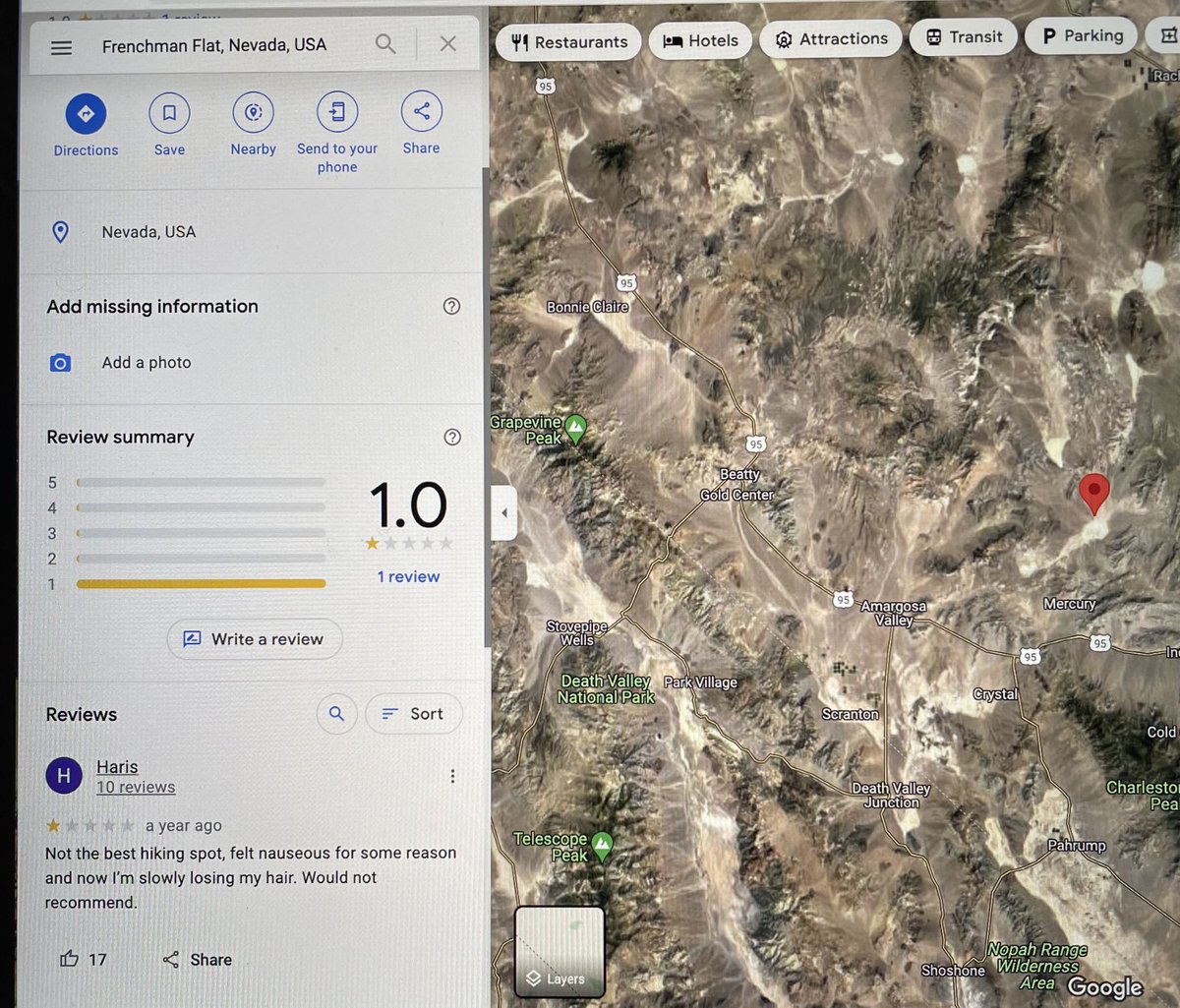 joannaofottawa's tweet photo. Doing some research on Frenchman Flat where the 1st aerial atomic bomb was dropped in Nevada in 1951. It has a 1-star tourist review. The reviewer felt nauseous ‘for some reason’ and then started losing their hair. They do not recommend. #atomictesting #nevada https://t.co/mVOyb5Vz29