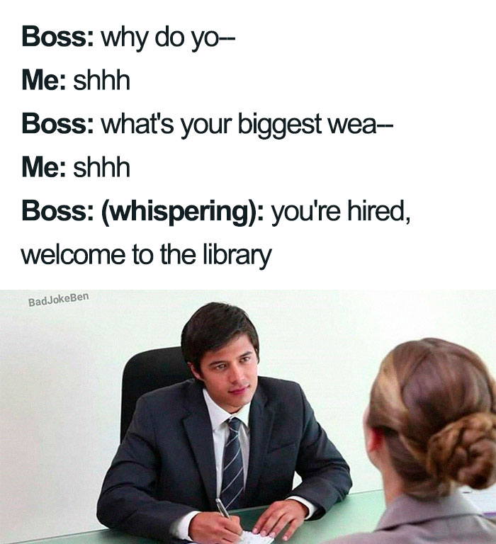 RECJUNKY's tweet image. BRB At the library and checking out "How to ace job interviews for dummies..." 📖

(Or just read our blog 👉 bit.ly/2SRH7o1)

Credit: Instagram @BadJokeBen

#InterviewMeme #Humour #Interview #InterviewHelp #InterviewTip