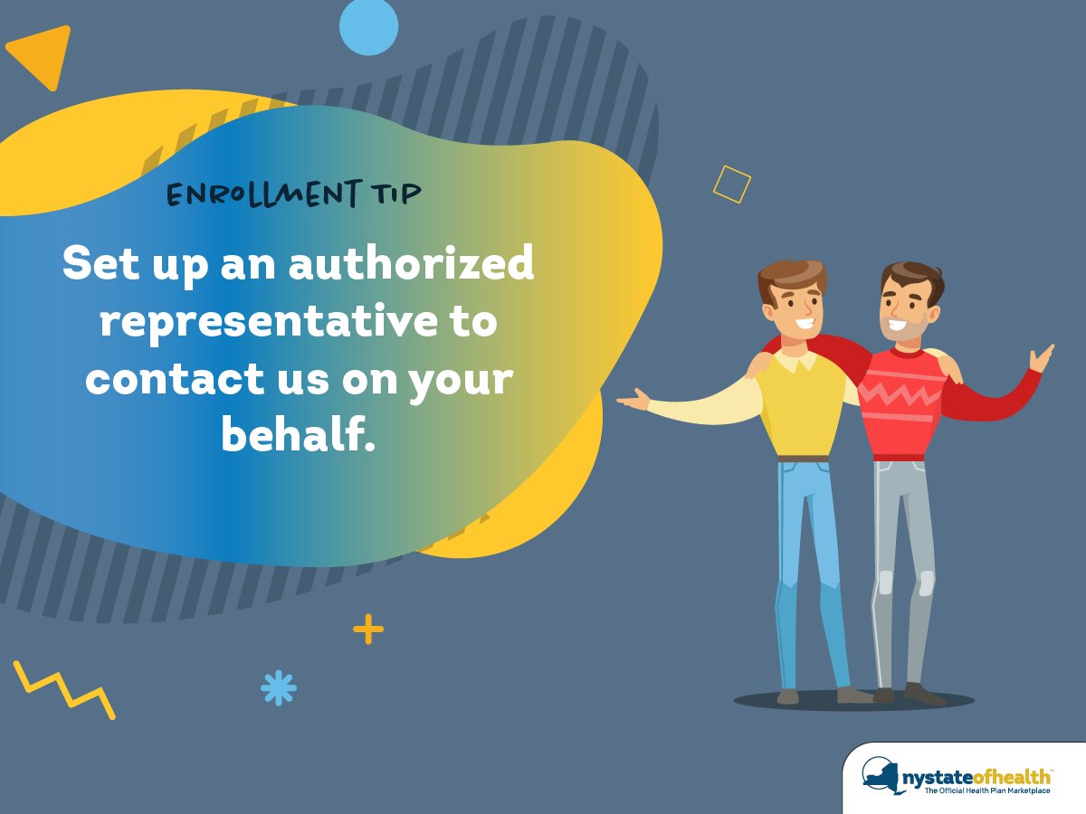 NYStateofHealth's tweet photo. Setting up an authorized representative allows a trusted friend or partner to sign into your account and help you renew health insurance. https://t.co/fhCMAWHXfk #NYSOHTips #EnrollmentTips https://t.co/wA5sOGkvhl
