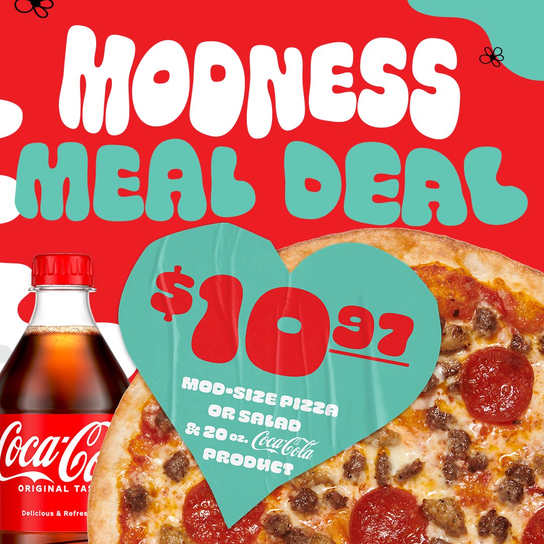 MODPizza's tweet photo. It's #SpreadingMODness time! Grab a MOD-size pizza or salad and 20 oz. Coca-Cola beverage to create a MODness Meal in partnership with @FeedingAmerica
Each meal purchased helps provide 10 meals for people facing hunger 🙌 https://t.co/V41EfArfqo https://t.co/MgYdfXw7c7