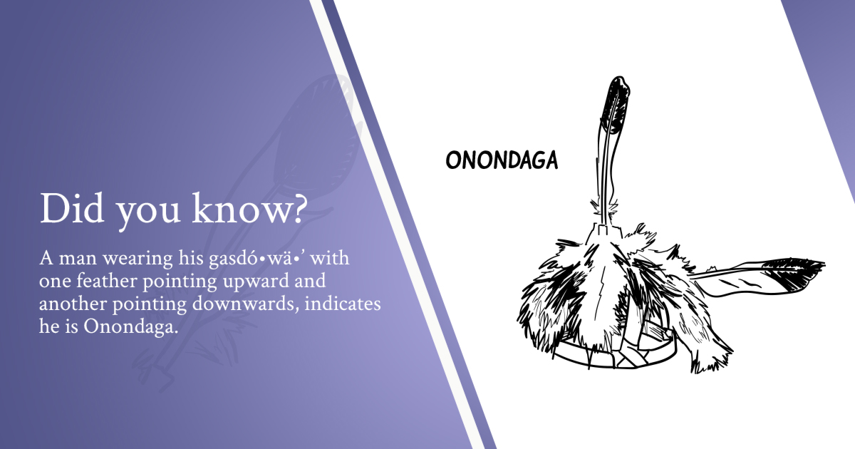 There are distinct features on this Onondaga headdress:

✅ Made of strips of wood
✅ Adorned with eagle, hawk, pheasant, or turkey feathers
✅ A man wearing his gasdó•wä•’ with one feather pointing upward and another pointing downwards indicates he is Onondaga

#SixNations