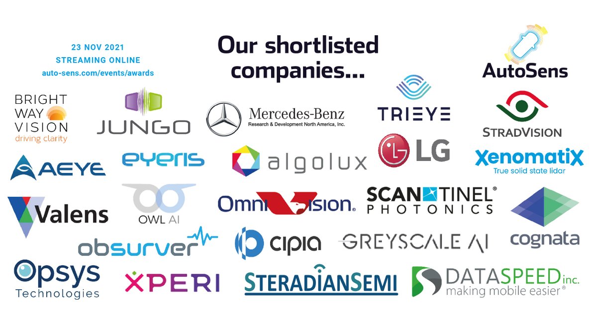 Check out the companies shortlisted for an AutoSens Award! Including <a href="/MercedesBenz/">Mercedes-Benz</a> <a href="/Algolux/">Algolux</a> @ovt_tech <a href="/TriEye_tech/">TriEye</a> <a href="/EyerisAI/">Eyeris</a> <a href="/ValensAuto/">Temporary Account</a> <a href="/XenomatiX/">XenomatiX - True Solid State Lidar</a> <a href="/AEyeInc/">AEye</a> 
Register FREE and join us tomorrow: hubs.ly/H0_Cv940