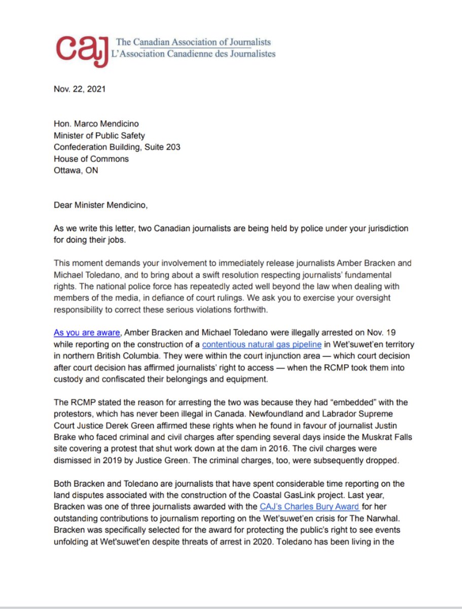 caj's tweet photo. More than 40 news outlets and press freedom organizations have signed a letter 👇🏾 calling for Canada’s public safety minister to take immediate steps to investigate and correct the RCMP’s actions and ensure journalists’ right to report will be better protected. https://t.co/ntKU35V2LP