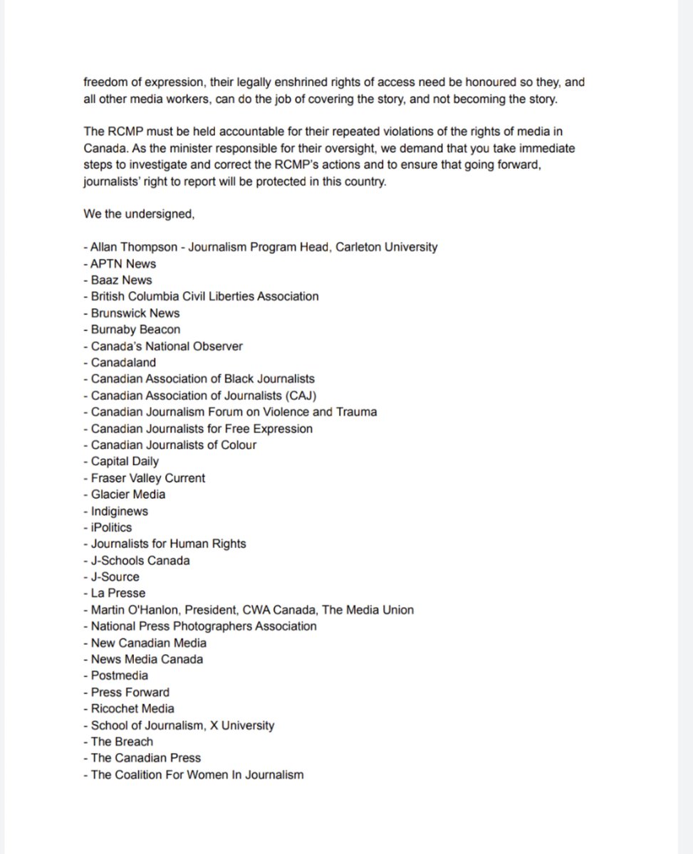caj's tweet photo. More than 40 news outlets and press freedom organizations have signed a letter 👇🏾 calling for Canada’s public safety minister to take immediate steps to investigate and correct the RCMP’s actions and ensure journalists’ right to report will be better protected. https://t.co/ntKU35V2LP