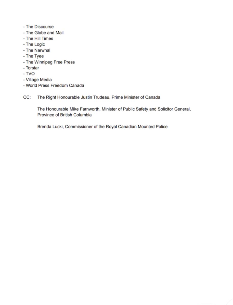 More than 40 news outlets and press freedom organizations have signed a letter 👇🏾 calling for Canada’s public safety minister to take immediate steps to investigate and correct the RCMP’s actions and ensure journalists’ right to report will be better protected.