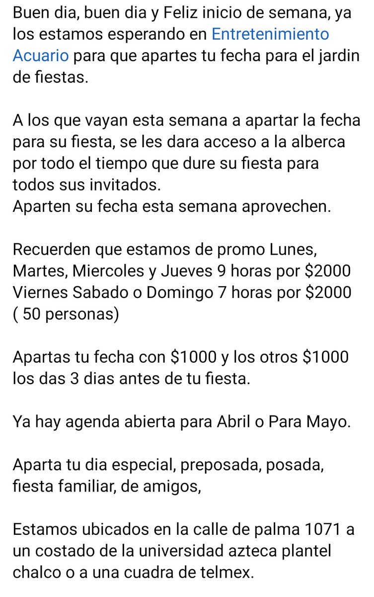 EscuelaAcuario's tweet photo. Ya abrimos agenda para Abril o Mayo
#jardinDeFiestas
#Lunadas
#Acampar
#Preposadas
#Posadas
#Chalco
#partytime
#Partynight.
5530920392
Abrimos de Lunes a Domingo de
10 am a 6 pm.
Bienvenidos
😃😃😄😁😃😃
RT RT RT.
Que todo Twitter se entere que ya estamos esperandolos. 😎 https://t.co/sXwBaDifGJ
