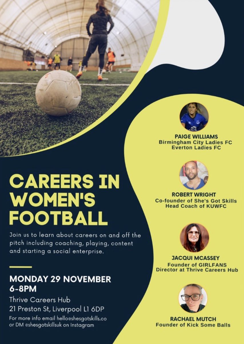 Join us next Monday at <a href="/thrive_lcr/">Thrive Careers Hub</a> where we’ll be talking about careers in women’s football with <a href="/jacquimcassey/">Jacqui McAssey (GIRLFANS/FEMORABILIA)</a>  <a href="/kicksomeballs1/">kicksomeballs</a> + Paige Williams. Excited to be heading up to Liverpool 🤩 DM us to attend. Deets below ⬇️