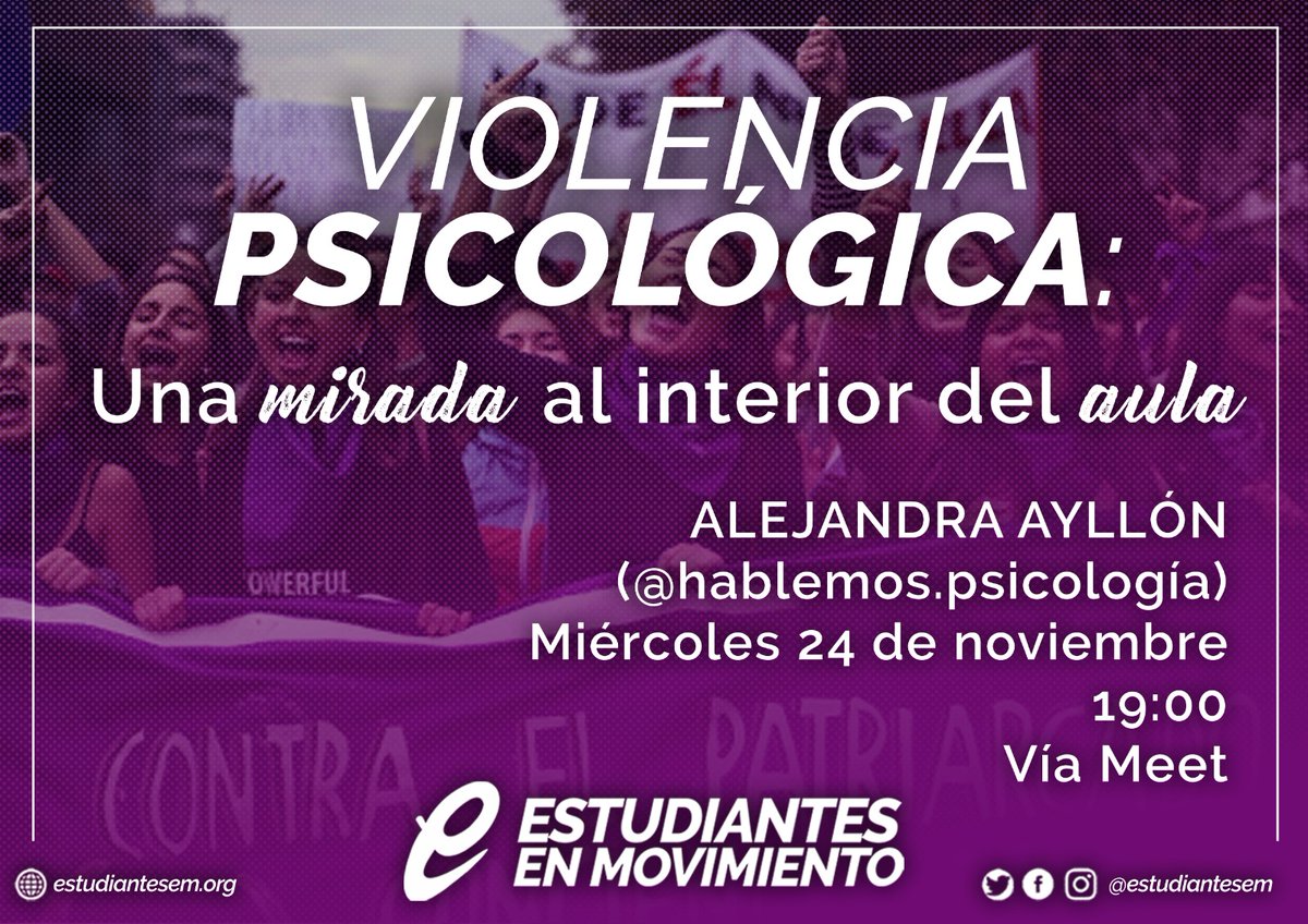 🗣 Este miércoles organizamos una charla con la finalidad de visibilizar una de las muchas violencias que sufrimos las mujeres en las aulas, la violencia psicológica. 
¡No te la pierdas!