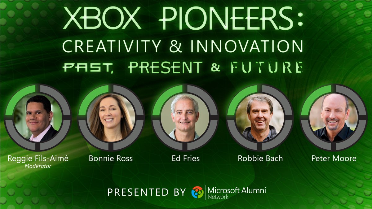 Reggie's tweet photo. A retired @NintendoAmerica executive walks into the old @Xbox HQ and finds himself among friends and past competitors. What does he do? Moderate a #XboxPioneers panel about the past, present and future of creativity and innovation in the gaming industry! https://t.co/ifl9f0onda